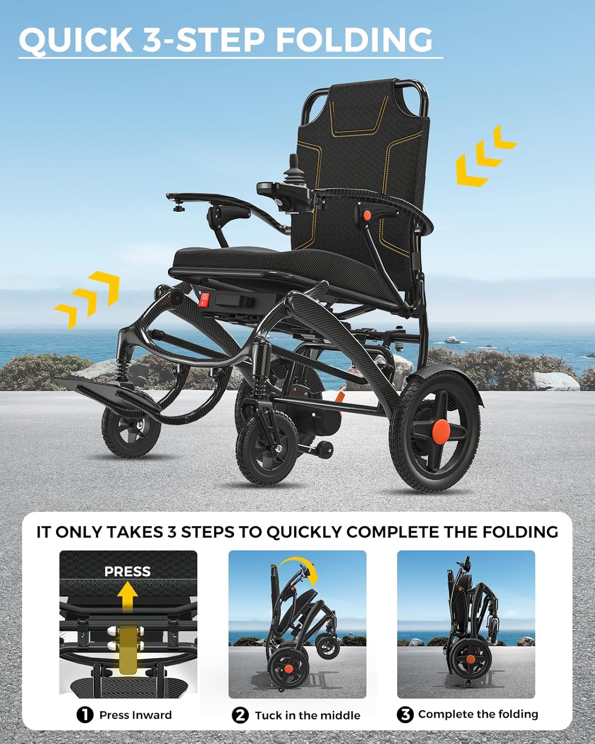 Foldable Electric Wheelchair for Adults, 500W High Power Electric Wheelchair, 350LBS Capacity & Ultimate Safety Design, All-Terrain Pneumatic Tires (Ultra-Light Carbon Fiber + Aluminum)